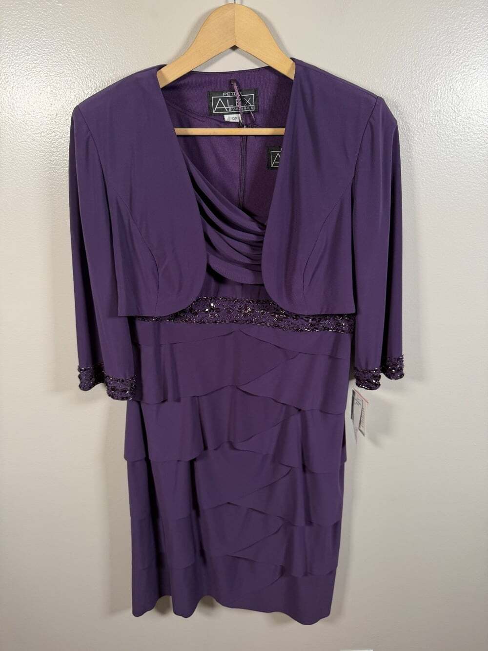 Alex Evenings Jacket Dress Set 10 Petite Purple Tiered Sequin Trim Cocktail MOB